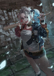 Rule 34 | 1girl, animification, baraba baba, baseball bat, batman (series), belt, blonde hair, blue eyes, brick wall, city, collar, dc comics, dccu, earrings, gradient hair, harley quinn, heart, highres, holster, jacket, jewelry, looking at viewer, midriff, multicolored hair, nail polish, open clothes, open jacket, pale skin, parted lips, shirt, short shorts, shorts, shoulder holster, smile, solo, standing, suicide squad, torn clothes, torn shirt, two side up, wrist cuffs