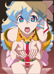 Rule 34 | + +, 00s, 1girl, bare shoulders, blue eyes, bottomless, cross-shaped pupils, cupping hands, kamitsuki manmaru, looking at viewer, multicolored hair, nia teppelin, open mouth, oral invitation, own hands together, solo, symbol-shaped pupils, tengen toppa gurren lagann, tongue