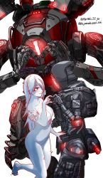 Rule 34 | 1boy, 1girl, animification, arm strap, backpack, bag, barefoot, borrowed character, collarbone, commentary, english commentary, freckles, heart, heart hands, hetero, highres, hologram, hood, hood up, humanoid robot, kotone a, looking at another, mecha, no nipples, northstar (titanfall), nude, one eye covered, original, pale skin, red eyes, robot, simulacrum (titanfall), smile, titan (titanfall), titanfall (series), titanfall 2, twitter username, white background, white hair