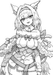 Rule 34 | 1girl, animal ear fluff, animal ears, bare shoulders, blush, bow, breasts, cat ears, cat girl, cat tail, cleavage, collarbone, commentary, cowboy shot, detached sleeves, dobrynya nikitich (fate), dress, english commentary, eyes visible through hair, fangs, fate/grand order, fate (series), fur-trimmed dress, fur trim, greyscale, hair between eyes, hair intakes, headband, highres, kusama takato, large breasts, lips, long hair, long sleeves, looking at viewer, mixed-language commentary, monochrome, open mouth, sidelocks, simple background, smile, solo, tail, tongue