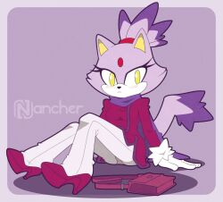 Rule 34 | 1girl, animal ears, bag, blaze the cat, cat ears, cat girl, cat tail, coat, forehead jewel, fur-trimmed gloves, fur trim, furry, furry female, gloves, high heels, looking at viewer, nancher, pants, ponytail, purple fur, purple scarf, scarf, shoulder bag, sonic (series), tail, white gloves, white pants, yellow eyes