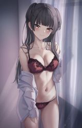 Rule 34 | 1girl, bare shoulders, black hair, bra, breasts, brown eyes, cleavage, collarbone, cowboy shot, curtains, highres, idolmaster, idolmaster shiny colors, indoors, lace, lace-trimmed bra, lace trim, lingerie, long hair, long sleeves, looking at viewer, marinesnow, mayuzumi fuyuko, medium breasts, navel, no pants, off shoulder, open clothes, open shirt, panties, red bra, red panties, shirt, solo, standing, stomach, string panties, sunlight, thighs, two side up, underwear, white shirt
