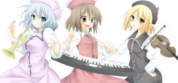 Rule 34 | 3girls, blonde hair, blue eyes, blue hair, blush, bow (music), breasts, brown eyes, brown hair, female focus, floating, floating object, hand on own hip, hat, instrument, keyboard (instrument), large breasts, long sleeves, looking at viewer, lunasa prismriver, lyrica prismriver, mashima (sumachi), merlin prismriver, multiple girls, open mouth, outstretched arms, shirt, siblings, sisters, skirt, skirt set, smile, touhou, trumpet, vest, violin, yellow eyes