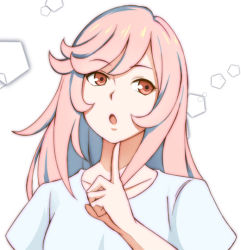 Rule 34 | 1girl, bad id, bad pixiv id, brown eyes, finger to own chin, ivolay, long hair, open mouth, original, pentagon (shape), pink hair, solo, white background