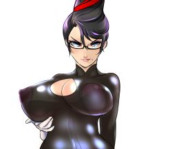 Rule 34 | 1girl, absurdres, bayonetta, bayonetta (series), beehive hairdo, black hair, blue eyes, bodysuit, breast lift, breasts, cleavage, cleavage cutout, clothing cutout, covered erect nipples, elbow gloves, eyeshadow, female focus, glasses, gloves, hair ribbon, highres, large breasts, lips, looking at viewer, makeup, mole, mole under mouth, nose, puffy nipples, ribbon, semi-rimless eyewear, shiny clothes, simple background, skin tight, smile, solo, superboin, under-rim eyewear, white gloves