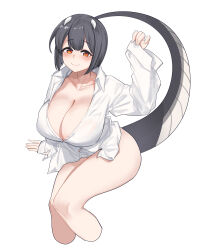 Rule 34 | 1girl, absurdres, aillie (vtuber), aningay, arm up, black hair, blush, breasts, cleavage, closed mouth, collarbone, collared shirt, cropped legs, dress shirt, highres, horns, indie virtual youtuber, large breasts, long sleeves, looking at viewer, naked shirt, pinching sleeves, red eyes, shirt, simple background, sleeves past wrists, smile, solo, tail, virtual youtuber, white background, white shirt