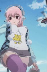 Rule 34 | 10s, 1girl, 3d, aircraft, animated, animated gif, bouncing breasts, breasts, fur trim, giant, giantess, headphones, helicopter, hood, hoodie, lowres, nitroplus, pink hair, pom pom (cheerleading), raglan sleeves, shirt, skirt, soniani, super sonico, t-shirt, thighhighs