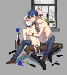 Rule 34 | 2boys, alcohol, artist request, asymmetrical clothes, black feathers, black footwear, blue eyes, blue flower, blue hair, blue rose, boots, boxer briefs, collar, denim, earrings, feathers, flower, grey background, groin, hair ornament, hairclip, hand on another&#039;s chest, hand under clothes, horinochi yogaru, horita horne, horne (website), horne administrator, jeans, jewelry, long hair, looking at viewer, male focus, male underwear, mascot, multiple boys, open fly, open mouth, pants, parted lips, petals, ponytail, red eyes, rose, topless male, short hair, silver hair, simple background, sitting, spread legs, vase, window, yaoi