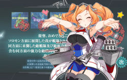 Rule 34 | 1girl, ^ ^, blowing kiss, blue skirt, breast pocket, breasts, closed eyes, cowboy shot, drill hair, facing viewer, game screenshot, headgear, heart, honolulu (kancolle), kantai collection, kusanagi tonbo, large breasts, machinery, multicolored clothes, open mouth, outstretched arms, pocket, skirt, sleeveless, sleeveless jacket, solo, star (symbol), turret, twin drills