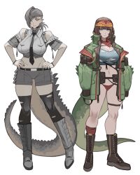 Rule 34 | 2girls, asymmetrical legwear, bandana, bikini, bikini bottom only, blue eyes, boots, breasts, brown footwear, brown hair, cleavage, commentary, crop top, dinosaur girl, dinosaur tail, english commentary, full body, green jacket, green tail, grey footwear, grey shirt, grey shorts, grey tail, hands on own hips, high collar, highres, jacket, kamitoge supino, large breasts, lizard tail, long sleeves, looking at viewer, mismatched legwear, multiple girls, original, personification, red bandana, shirt, short hair, short shorts, shorts, simple background, sleeveless, standing, swimsuit, tail, thighhighs, torn clothes, torn thighhighs, white background