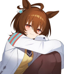 1girl absurdres agnes_tachyon_(umamusume) ahoge animal_ears astroglia_cyte black_necktie blush brown_hair brown_pantyhose chemical_structure closed_mouth coat earrings hair_between_eyes highres horse_ears horse_girl huge_ahoge jewelry lab_coat long_sleeves looking_at_viewer medium_hair necktie open_clothes open_coat pantyhose red_eyes redrawn short_necktie simple_background single_earring sitting sleeves_past_fingers sleeves_past_wrists smile solo sweater umamusume white_background white_coat yellow_sweater