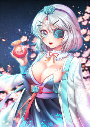 Rule 34 | 1girl, blue eyes, blue flower, blue rose, blush, breasts, cherry blossoms, eyepatch, floral print, flower, hair ornament, hairband, hairclip, hairpin, hanbok, headgear, iri flina, jacket, jacket on shoulders, korean clothes, large breasts, looking at viewer, petals, rewolf, ribbon, rose, sash, short hair, silver hair, smile, solo, sword girls, tree