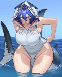Rule 34 | 1girl, animal hood, blue eyes, blue hair, blush, breasts, clothes pull, covered navel, curvy, fins, fish tail, hair between eyes, highres, hood, hood up, hooded swimsuit, kamitoge supino, large breasts, one-piece swimsuit, one-piece swimsuit pull, original, paleo idol, scar, scar on leg, shark girl, shark hood, shark tail, sharp teeth, skindentation, solo, swimsuit, tail, teeth, v-shaped eyebrows, water, white one-piece swimsuit, wide hips