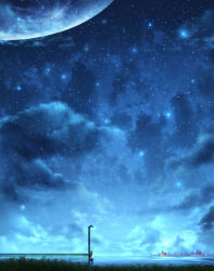 Rule 34 | 1girl, arms behind back, black pantyhose, blue theme, brown hair, city, city lights, cloud, cloudy sky, czy (2894456992), dusk, fence, grass, highres, horizon, lamppost, light particles, long hair, looking afar, moon, night, night sky, ocean, original, pantyhose, scenery, skirt, sky, star (sky), starry sky, water