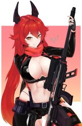 Rule 34 | 1girl, absurdres, anti-materiel rifle, black gloves, breasts, bullpup, chaps, cleavage, crop top, cropped jacket, fingerless gloves, gloves, goddess of victory: nikke, grin, gun, hair between eyes, headgear, highres, holding, holding weapon, horns, jacket, large breasts, leather, leather jacket, long hair, looking at viewer, mechanical horns, midriff, navel, orange eyes, red hair, red hood (nikke), red jacket, red scarf, rifle, rumi (rumigawa31), scarf, signature, smile, sniper rifle, solo, unzipped, very long hair, weapon, zipper