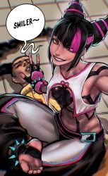 Rule 34 | 1boy, 1girl, abs, absurdres, aqua nails, assertive female, ayaki blade, belt, black hair, blunt bangs, bracelet, breasts, capcom, chaps, commentary, english commentary, english text, engrish text, feet, fingerless gloves, gloves, grin, hair horns, han juri, highres, impossible clothes, jamie siu, jewelry, medium breasts, midriff, multicolored hair, muscular, muscular female, nail polish, navel, pink eyes, pink hair, ranguage, revealing clothes, short hair, sitting, sitting on person, smile, soles, solo focus, speech bubble, spiked anklet, spiked bracelet, spikes, stirrup legwear, streaked hair, street fighter, street fighter 6, teeth, thick thighs, thighs, toeless legwear, toenails, toes, two-tone hair, unconscious