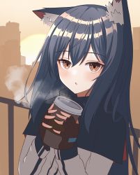 Rule 34 | 1girl, :o, animal ear fluff, animal ears, arknights, black gloves, black hair, black jacket, blush, breath, building, coffee cup, cup, disposable cup, gloves, highres, holding, holding cup, jacket, kuwan4971, long hair, long sleeves, looking at viewer, multicolored hair, orange eyes, outdoors, railing, skyscraper, solo, texas (arknights), two-tone hair, upper body, white jacket, wolf ears