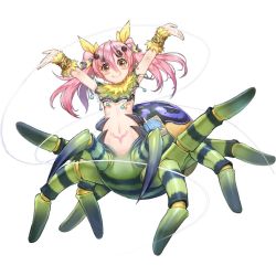 Rule 34 | 1girl, arms up, arthropod girl, blush, breasts, capelet, clover theater, extra eyes, female focus, full body, groin, insect girl, looking at viewer, monster girl, navel, observerz, outstretched arms, pink hair, pubic tattoo, silk, simple background, small breasts, smile, solo, spider girl, spread arms, tattoo, twintails, white background