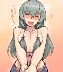 Rule 34 | 00s, 1girl, belt, bikini, bikini top only, blush, breasts squeezed together, breasts, cleavage, denim, closed eyes, huge breasts, jeans, long hair, musical note, aged up, open mouth, pants, rozen maiden, silver hair, smile, solo, suigintou, sweat, sweatdrop, swimsuit, tsuda nanafushi, v arms