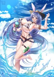 Rule 34 | 1girl, absurdres, animal ears, animal print, azur lane, bikini, blue eyes, bouncing breasts, breasts, cleavage, cloud, cow print, cow print bikini, day, dutch angle, fake animal ears, from below, front-tie bikini top, front-tie top, highres, holding, holding water gun, holster, huge breasts, leg up, looking at viewer, navel, new jersey (azur lane), open mouth, outdoors, print bikini, purple hair, rabbit ears, shorts, solo, standing, standing on one leg, studiopokotan, swimsuit, thigh holster, thigh strap, torn clothes, torn shorts, underboob, water, water gun