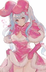 Rule 34 | 1girl, animal ears, blush, bow, breasts, cleavage, clothes lift, dress, dress lift, elbow gloves, fur trim, gloves, highres, lifted by self, miyako (xxxbibit), original, pink bow, pink dress, pink eyes, pink gloves, pink neckwear, rabbit ears, silver hair, simple background, solo, twintails, white background