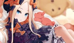 Rule 34 | 1girl, abigail williams (fate), bad id, bad twitter id, black bow, black dress, black hat, blonde hair, bloomers, blue eyes, blurry, blurry background, bow, bug, butterfly, commentary request, depth of field, dress, fate/grand order, fate (series), forehead, hair bow, hat, insect, long sleeves, looking at viewer, omaru gyuunyuu, orange bow, parted bangs, parted lips, polka dot, polka dot bow, sitting, sleeves past wrists, solo, stuffed animal, stuffed toy, teddy bear, underwear, white bloomers