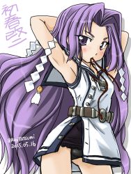Rule 34 | 10s, 1girl, 2015, adjusting hair, alternate hairstyle, armpits, arms behind head, arms up, artist name, belt, big hair, black panties, blush, character name, dated, dress, eyebrows, hair ornament, hatsuharu (kancolle), hatsuharu kai ni (kancolle), hikimayu, kantai collection, long hair, looking at viewer, mouth hold, panties, purple eyes, purple hair, sailor dress, shide, short eyebrows, solo, tatsumi ray, thighhighs, twitter username, tying hair, underwear, very long hair, white background