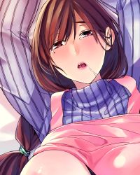 Rule 34 | 1girl, apron, blush, breasts, brown eyes, brown hair, clothes lift, female focus, highres, housewife, large breasts, long hair, looking at viewer, mature female, mole, open mouth, ribbed sweater, saliva, shinken-zemi, solo, sweater, sweater lift, syozui, tears, turtleneck, zemi mama