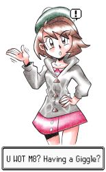 Rule 34 | 1girl, annoyed, brown eyes, brown hair, child, collarbone, creatures (company), dress, english text, game freak, gen 8 pokemon, gloria (pokemon), grey jacket, hand on own hip, hat, highres, jacket, legs, looking at viewer, meme, neck, nintendo, open mouth, pink dress, pokemon, pokemon swsh, raised hand, short hair, tam o&#039; shanter, white background