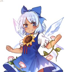 Rule 34 | &gt;:d, 1girl, :d, arms at sides, blue bow, blue eyes, blue hair, bow, cirno, clenched hands, dress, flexing, flower, grin, hair bow, hidden star in four seasons, highres, ice, ice wings, open mouth, plant, short hair, short sleeves, simple background, smile, solo, tan, tanned cirno, teeth, tis (shan0x0shan), touhou, v-shaped eyebrows, vines, white background, wings