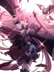 Rule 34 | 1girl, arm up, bad id, bad pixiv id, black dress, black footwear, black ribbon, boots, bow, cowboy shot, detached sleeves, dress, floating hair, gothic lolita, hair between eyes, halterneck, highres, krul tepes, lolita fashion, long hair, looking at viewer, outstretched arms, owari no seraph, pink hair, purple bow, red eyes, ribbon, short dress, sleeveless, sleeveless dress, smile, solo, standing, thigh boots, thighhighs, twintails, two side up, umeko 208, very long hair, white background