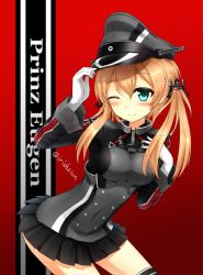 Rule 34 | 10s, 1girl, anchor hair ornament, aqua eyes, bad id, bad pixiv id, black skirt, black thighhighs, blonde hair, blush, breasts, character name, contrapposto, cowboy shot, cross, female focus, gloves, gradient background, hair ornament, hand on own chest, hat, hat tip, highres, iron cross, kantai collection, looking at viewer, microskirt, military, military uniform, murasame shia, one eye closed, peaked cap, pleated skirt, prinz eugen (kancolle), red background, skirt, smile, solo, standing, tail ein, thighhighs, twitter username, uniform, white gloves