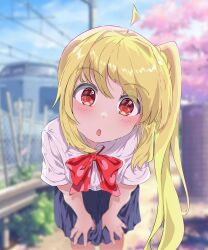 Rule 34 | 5s0n9, absurdres, ahoge, blonde hair, blue skirt, blush, bocchi the rock!, bow, highres, ijichi nijika, long hair, looking at viewer, open mouth, red bow, red eyes, school uniform, shirt, short sleeves, side ponytail, skirt, white shirt