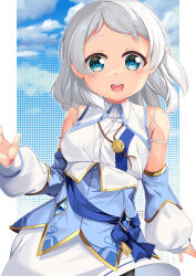 Rule 34 | 1girl, bare shoulders, blue sky, blush, cloud, commentary request, cosplay, cowboy shot, day, detached sleeves, dress, highres, hishi miracle (umamusume), hishi miracle (umamusume) (cosplay), kantai collection, long sleeves, natsugumo (kancolle), open mouth, sky, sleeveless, sleeveless dress, solo, standing, umamusume, white dress, yasume yukito