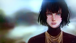 Rule 34 | 1girl, black hair, dress, eyelashes, fubuki (one-punch man), green eyes, high collar, highres, jewelry, lips, looking at viewer, necklace, one-punch man, parted lips, portrait, realistic, short hair, solo, steamy tomato, teeth, turtleneck, turtleneck dress