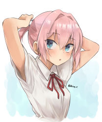 Rule 34 | 1girl, :o, adjusting hair, arms up, blue eyes, blush, breasts, hair between eyes, kantai collection, neck ribbon, parted lips, pink hair, ponytail, r-king, red ribbon, ribbon, shiranui (kancolle), shirt, short sleeves, simple background, small breasts, solo, twitter username, upper body, white shirt