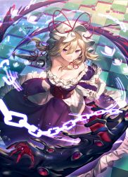 Rule 34 | 1girl, bare shoulders, blonde hair, breasts, chain, cleavage, commentary request, corset, dress, elbow gloves, frilled dress, frilled sleeves, frills, from above, gap (touhou), gloves, hair between eyes, hair ribbon, hat, hat ribbon, highres, holding, holding umbrella, kikugetsu, large breasts, long hair, looking at viewer, mob cap, off-shoulder dress, off shoulder, petticoat, puffy short sleeves, puffy sleeves, purple dress, purple eyes, red eyes, red ribbon, ribbon, shiny skin, short sleeves, sidelocks, smile, solo, touhou, umbrella, white gloves, white hat, white umbrella, yakumo yukari