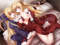 Rule 34 | 2girls, bed, blonde hair, grabbing another&#039;s breast, breasts, breasts out, dress, female focus, game cg, grabbing, incest, large breasts, lolita fashion, long hair, mindead blood, multiple girls, nipples, no bra, on bed, open clothes, panties, pink eyes, pussy juice, red dress, red eyes, shiizaki hinaki, siblings, sisters, sitting, sonohara mana, sonohara mayu, sweat, twincest, twins, underwear, white panties, yuri