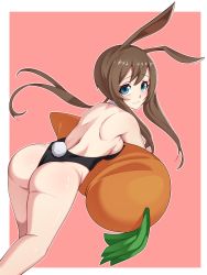 Rule 34 | 1girl, ajidot, amiya (arknights), animal ears, arknights, ass, back, backboob, bare shoulders, black leotard, blue eyes, breasts, brown hair, carrot, commentary request, detached collar, facing away, fake animal ears, fake tail, hair between eyes, highres, korean commentary, leotard, long hair, looking at viewer, medium breasts, playboy bunny, rabbit ears, rabbit girl, rabbit tail, solo, tail