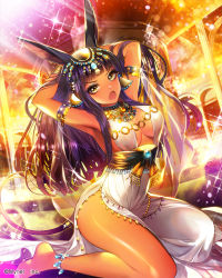 Rule 34 | 1girl, animal ears, anklet, arms up, bare shoulders, barefoot, blush, breasts, cleavage, company name, dark-skinned female, dark skin, eu (euspia), feet, jewelry, large breasts, long hair, looking at viewer, maboroshi juuhime, open mouth, purple hair, seiza, sideboob, sitting, solo, tail, yellow eyes