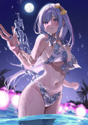 Rule 34 | 1girl, bare shoulders, bikini, blue hair, blue nails, blush, bow, breasts, chigusa minori, commentary, dutch angle, floral print, full moon, hair bow, highres, large breasts, long hair, looking at viewer, moon, nail polish, night, night sky, original, parted lips, print bikini, purple eyes, second-party source, sideboob, silhouette, sky, solo, splashing, standing, swimsuit, underboob, wading, white bikini, yellow bow