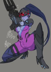 Rule 34 | 1futa, absurdres, ass, bad id, bad pixiv id, black hair, blush, bodysuit, boots, breasts, bulge, cameltoe, center opening, cleavage, earrings, erection, erection under clothes, full body, futanari, gun, head-mounted display, high heels, highres, holding, holding gun, holding weapon, jewelry, kneeling, long hair, looking at viewer, medium breasts, mikoyan, on one knee, overwatch, overwatch 1, penis, ponytail, purple skirt, rifle, skirt, sniper rifle, solo, sweat, weapon, widowmaker (overwatch), yellow eyes
