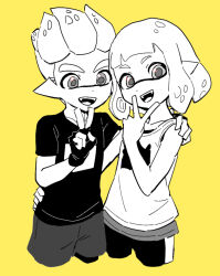 Rule 34 | 1boy, 1girl, cropped legs, dede (qwea 00000), fingerless gloves, gloves, greyscale with colored background, inkling, inkling boy, inkling girl, inkling player character, looking at viewer, nintendo, open mouth, pointy ears, shirt, sleeveless, sleeveless shirt, smile, splatoon (series), splatoon 2, tentacle hair, v, yellow background