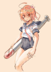 Rule 34 | 1girl, beige background, blue one-piece swimsuit, blue sailor collar, commentary request, covered navel, cowboy shot, cropped legs, i-58 (kancolle), kantai collection, katahira masashi, necktie, one-piece swimsuit, pink necktie, sailor collar, sailor shirt, school swimsuit, school uniform, serafuku, shirt, simple background, solo, standing, swimsuit, swimsuit under clothes, torpedo, type 95 torpedo
