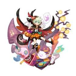 Rule 34 | 1boy, asymmetrical clothes, asymmetrical legwear, buttons, candle, checkered floor, cloak, dragalia lost, fang, full body, ghost, ghost tail, gloves, green eyes, green hair, halloween, halloween costume, hood, hooded cloak, jack-in-the-box, jack-o&#039;-lantern, jack-in-the-box, looking at viewer, lowen (dragalia lost), male focus, non-web source, official art, open hands, open mouth, puffy shorts, pumpkin, ribbon, saitou naoki, shorts, smile, solo, transparent background, tree, uneven legwear, window