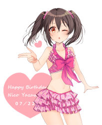 Rule 34 | 1girl, bikini, black hair, blowing kiss, blush, breasts, happy birthday, heart, highres, kiss, long hair, looking at viewer, love live!, love live! school idol project, navel, one eye closed, oral, red eyes, small breasts, solo, swimsuit, twintails, wink, yazawa nico