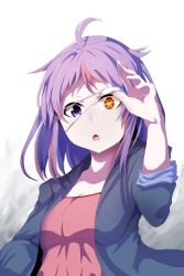 Rule 34 | 1girl, ahoge, arm up, bad id, bad twitter id, black jacket, blurry, blurry background, brown eyes, chestnut mouth, commentary request, depth of field, dress, eyepatch, eyepatch lift, fang, glowing, glowing eye, head tilt, heterochromia, highres, jacket, long hair, long sleeves, looking at viewer, medical eyepatch, multicolored hair, open clothes, open jacket, original, parted lips, pink dress, purple eyes, purple hair, sleeves rolled up, solo, streaked hair, v-shaped eyebrows, wada kazu, white background