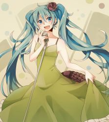 Rule 34 | 1girl, :d, aqua eyes, aqua hair, bad id, bad pixiv id, bare shoulders, dress, flower, frilled dress, frills, green dress, hair flower, hair ornament, hatsune miku, head tilt, highres, kochira koufuku anshin iinkai desu (vocaloid), long hair, microphone, microphone stand, open mouth, skirt hold, smile, solo, this is the happiness and peace of mind committee (vocaloid), twintails, very long hair, vintage microphone, vocaloid
