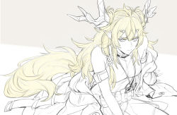 Rule 34 | antlers, arknights, blonde hair, detached sleeves, horns, leizi (arknights), long hair, looking at viewer, maiqo, monochrome, on ground, pointy ears, sketch, solo, thick eyebrows