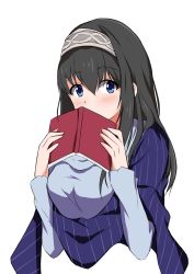 Rule 34 | 1girl, black hair, blue eyes, blush, book, breasts, hairband, highres, holding, holding book, idolmaster, idolmaster cinderella girls, long hair, long sleeves, looking at viewer, medium breasts, nemo 1988, open book, sagisawa fumika, simple background, solo, striped, upper body, vertical stripes, white background